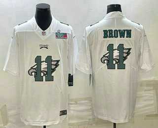 Mens Philadelphia Eagles #11 AJ Brown Super Bowl LVII Patch White Shadow Logo Limited Stitched Jersey